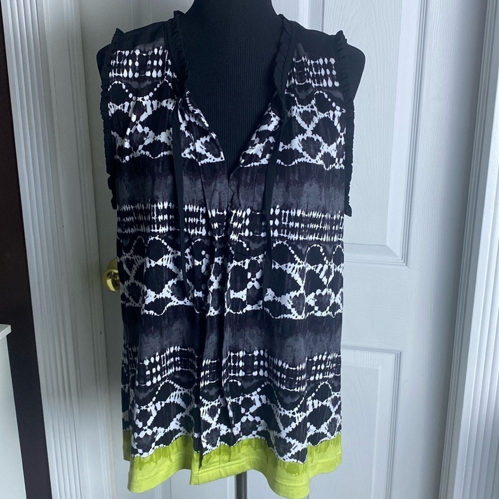 Caribbean Joe Black White Chartreuse Green Sleeveless Blouse Tank Top sz L